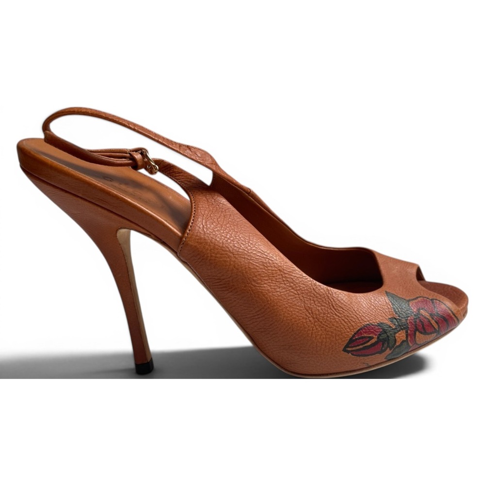 Gucci Authentic Tattoo Roses Fiore Leather Slingback Stiletto Brown Tan 8 B NWOB